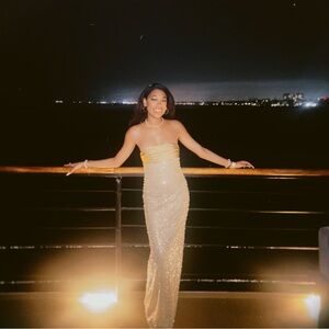 Elegant Gold and Pearl Strapless Gown